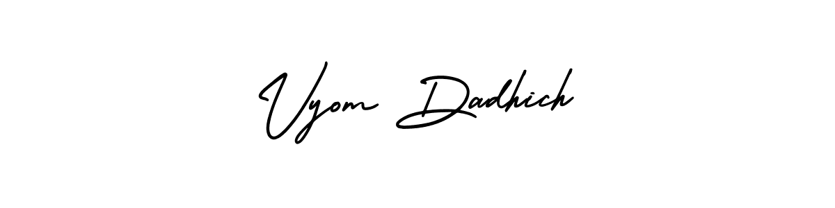 if you are searching for the best signature style for your name Vyom Dadhich. so please give up your signature search. here we have designed multiple signature styles  using AmerikaSignatureDemo-Regular. Vyom Dadhich signature style 3 images and pictures png