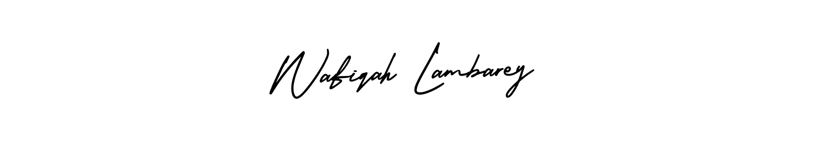 The best way (AmerikaSignatureDemo-Regular) to make a short signature is to pick only two or three words in your name. The name Wafiqah Lambarey include a total of six letters. For converting this name. Wafiqah Lambarey signature style 3 images and pictures png