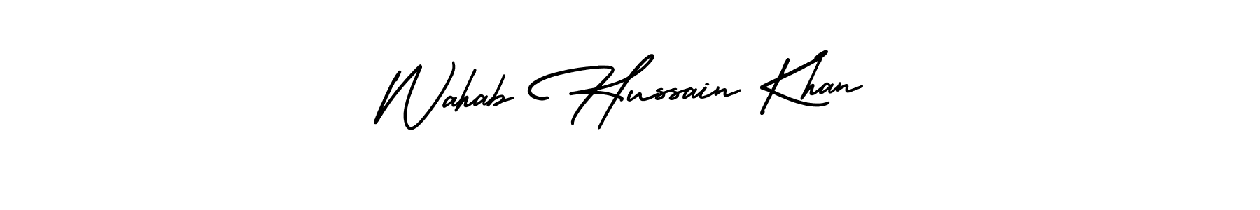You should practise on your own different ways (AmerikaSignatureDemo-Regular) to write your name (Wahab Hussain Khan) in signature. don't let someone else do it for you. Wahab Hussain Khan signature style 3 images and pictures png