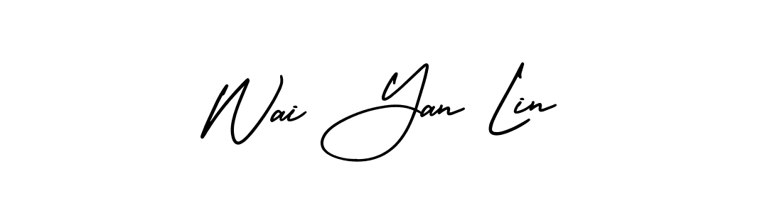 The best way (AmerikaSignatureDemo-Regular) to make a short signature is to pick only two or three words in your name. The name Wai Yan Lin include a total of six letters. For converting this name. Wai Yan Lin signature style 3 images and pictures png