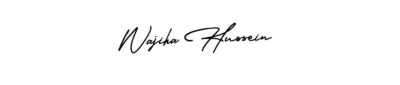 The best way (AmerikaSignatureDemo-Regular) to make a short signature is to pick only two or three words in your name. The name Wajiha Hussein include a total of six letters. For converting this name. Wajiha Hussein signature style 3 images and pictures png
