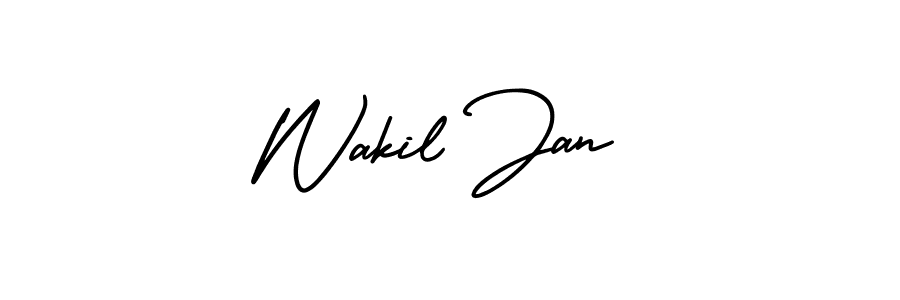 You should practise on your own different ways (AmerikaSignatureDemo-Regular) to write your name (Wakil Jan) in signature. don't let someone else do it for you. Wakil Jan signature style 3 images and pictures png