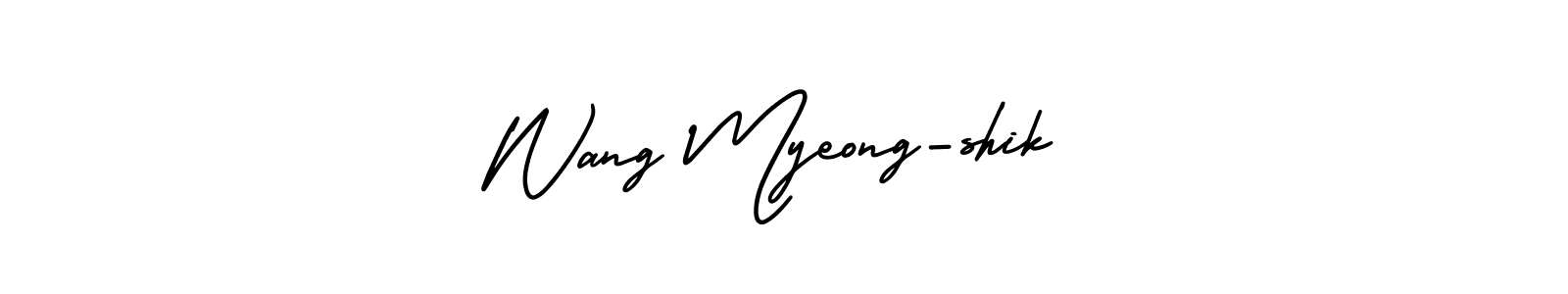 The best way (AmerikaSignatureDemo-Regular) to make a short signature is to pick only two or three words in your name. The name Wang Myeong-shik include a total of six letters. For converting this name. Wang Myeong-shik signature style 3 images and pictures png