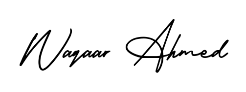 Get an exclusive digital autograph for Waqaar Ahmed. The AmerikaSignatureDemo-Regular typeface captures the charm of real penmanship on paper. Waqaar Ahmed signature style 3 images and pictures png