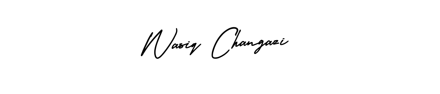 You should practise on your own different ways (AmerikaSignatureDemo-Regular) to write your name (Wasiq Changazi) in signature. don't let someone else do it for you. Wasiq Changazi signature style 3 images and pictures png