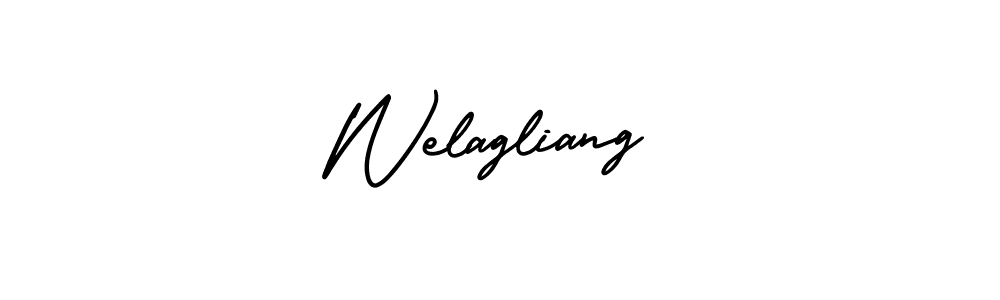 You should practise on your own different ways (AmerikaSignatureDemo-Regular) to write your name (Welagliang) in signature. don't let someone else do it for you. Welagliang signature style 3 images and pictures png