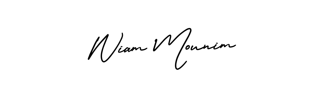 You should practise on your own different ways (AmerikaSignatureDemo-Regular) to write your name (Wiam Mounim) in signature. don't let someone else do it for you. Wiam Mounim signature style 3 images and pictures png