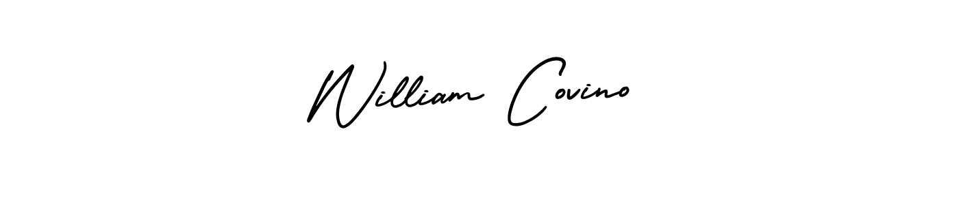 You should practise on your own different ways (AmerikaSignatureDemo-Regular) to write your name (William Covino) in signature. don't let someone else do it for you. William Covino signature style 3 images and pictures png