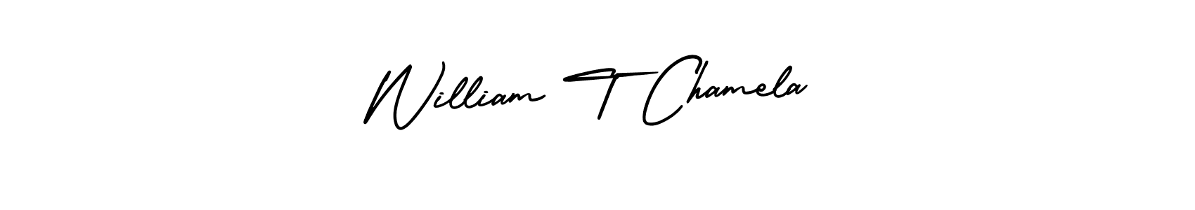 The best way (AmerikaSignatureDemo-Regular) to make a short signature is to pick only two or three words in your name. The name William T Chamela include a total of six letters. For converting this name. William T Chamela signature style 3 images and pictures png