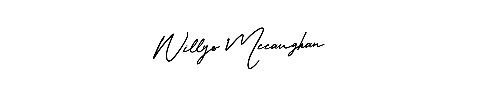 The best way (AmerikaSignatureDemo-Regular) to make a short signature is to pick only two or three words in your name. The name Willys Mccaughan include a total of six letters. For converting this name. Willys Mccaughan signature style 3 images and pictures png