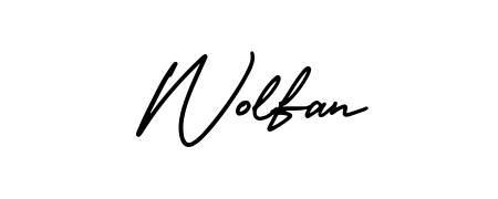 A sleek calligraphic signature for name Wolfan utilizing AmerikaSignatureDemo-Regular styling. Great for adding personal signatures to photos and art. Wolfan signature style 3 images and pictures png