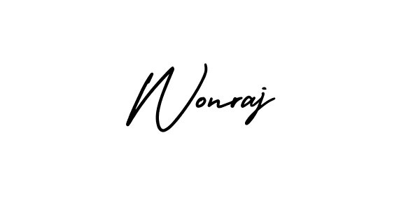 You should practise on your own different ways (AmerikaSignatureDemo-Regular) to write your name (Wonraj) in signature. don't let someone else do it for you. Wonraj signature style 3 images and pictures png