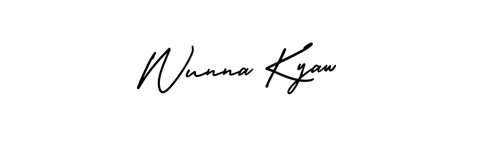 The best way (AmerikaSignatureDemo-Regular) to make a short signature is to pick only two or three words in your name. The name Wunna Kyaw include a total of six letters. For converting this name. Wunna Kyaw signature style 3 images and pictures png