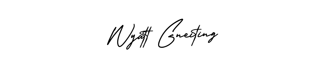 You should practise on your own different ways (AmerikaSignatureDemo-Regular) to write your name (Wyatt Gneiting) in signature. don't let someone else do it for you. Wyatt Gneiting signature style 3 images and pictures png
