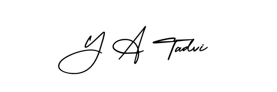 You should practise on your own different ways (AmerikaSignatureDemo-Regular) to write your name (Y A Tadvi) in signature. don't let someone else do it for you. Y A Tadvi signature style 3 images and pictures png