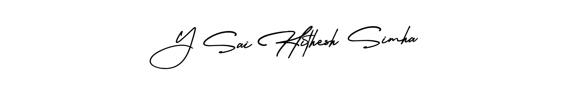 You should practise on your own different ways (AmerikaSignatureDemo-Regular) to write your name (Y Sai Hithesh Simha) in signature. don't let someone else do it for you. Y Sai Hithesh Simha signature style 3 images and pictures png