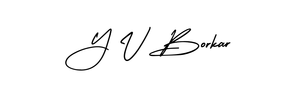 You should practise on your own different ways (AmerikaSignatureDemo-Regular) to write your name (Y V Borkar) in signature. don't let someone else do it for you. Y V Borkar signature style 3 images and pictures png