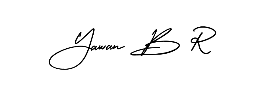 You should practise on your own different ways (AmerikaSignatureDemo-Regular) to write your name (Yawan B R) in signature. don't let someone else do it for you. Yawan B R signature style 3 images and pictures png