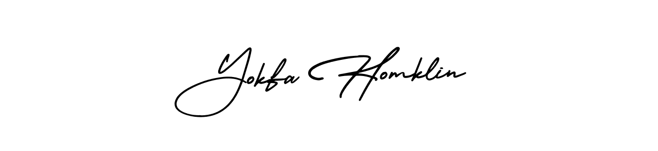 The best way (AmerikaSignatureDemo-Regular) to make a short signature is to pick only two or three words in your name. The name Yokfa Homklin include a total of six letters. For converting this name. Yokfa Homklin signature style 3 images and pictures png