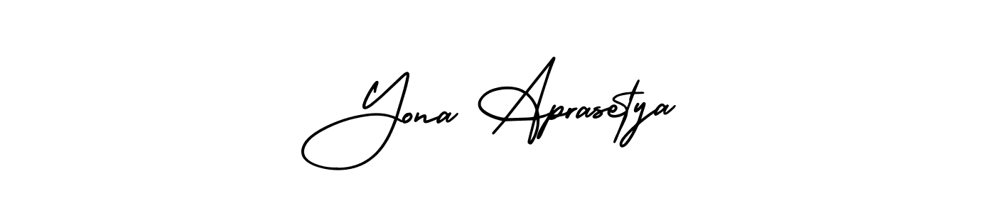 The best way (AmerikaSignatureDemo-Regular) to make a short signature is to pick only two or three words in your name. The name Yona Aprasetya include a total of six letters. For converting this name. Yona Aprasetya signature style 3 images and pictures png