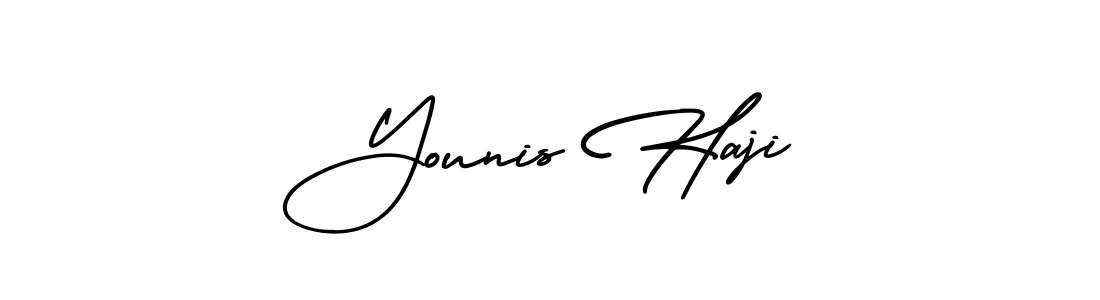 You should practise on your own different ways (AmerikaSignatureDemo-Regular) to write your name (Younis Haji) in signature. don't let someone else do it for you. Younis Haji signature style 3 images and pictures png