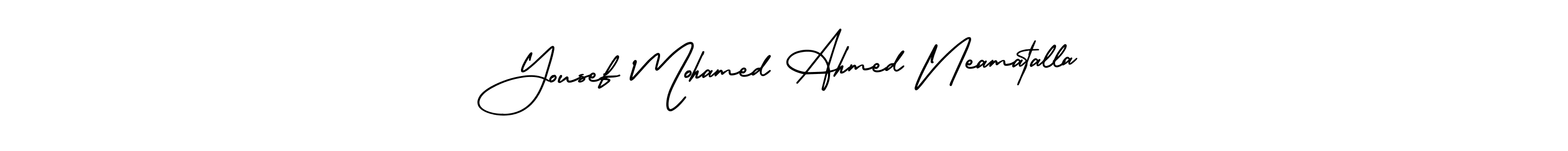 You should practise on your own different ways (AmerikaSignatureDemo-Regular) to write your name (Yousef Mohamed Ahmed Neamatalla) in signature. don't let someone else do it for you. Yousef Mohamed Ahmed Neamatalla signature style 3 images and pictures png