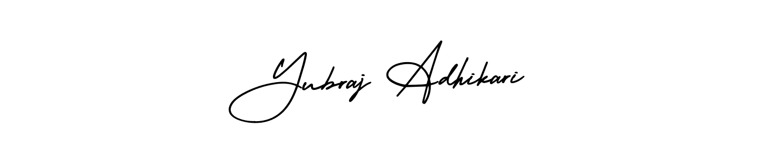 The best way (AmerikaSignatureDemo-Regular) to make a short signature is to pick only two or three words in your name. The name Yubraj Adhikari include a total of six letters. For converting this name. Yubraj Adhikari signature style 3 images and pictures png