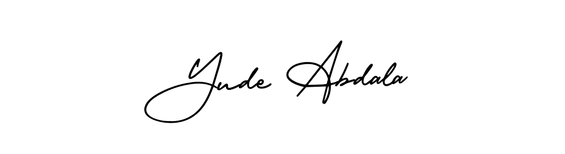 You should practise on your own different ways (AmerikaSignatureDemo-Regular) to write your name (Yude Abdala) in signature. don't let someone else do it for you. Yude Abdala signature style 3 images and pictures png