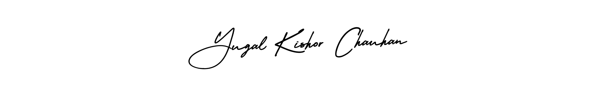 You should practise on your own different ways (AmerikaSignatureDemo-Regular) to write your name (Yugal Kishor Chauhan) in signature. don't let someone else do it for you. Yugal Kishor Chauhan signature style 3 images and pictures png