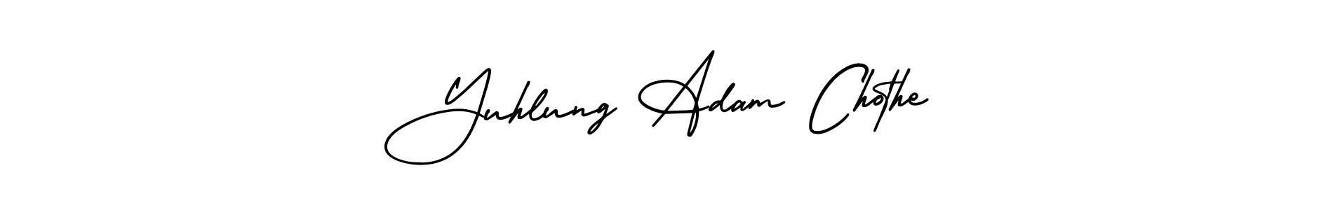 You should practise on your own different ways (AmerikaSignatureDemo-Regular) to write your name (Yuhlung Adam Chothe) in signature. don't let someone else do it for you. Yuhlung Adam Chothe signature style 3 images and pictures png