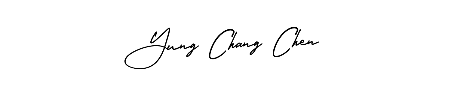 You should practise on your own different ways (AmerikaSignatureDemo-Regular) to write your name (Yung Chang Chen) in signature. don't let someone else do it for you. Yung Chang Chen signature style 3 images and pictures png
