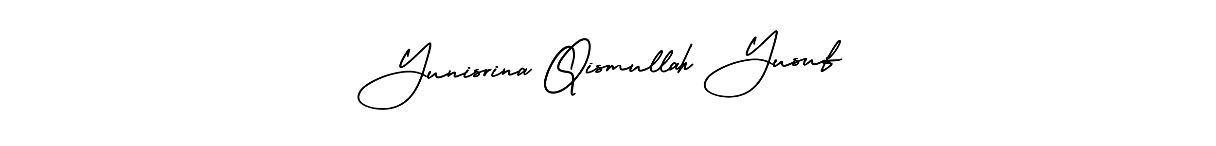 The best way (AmerikaSignatureDemo-Regular) to make a short signature is to pick only two or three words in your name. The name Yunisrina Qismullah Yusuf include a total of six letters. For converting this name. Yunisrina Qismullah Yusuf signature style 3 images and pictures png