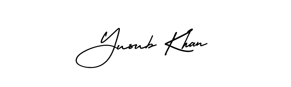 You should practise on your own different ways (AmerikaSignatureDemo-Regular) to write your name (Yusub Khan) in signature. don't let someone else do it for you. Yusub Khan signature style 3 images and pictures png
