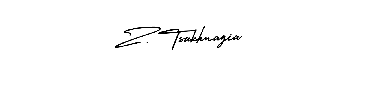 You should practise on your own different ways (AmerikaSignatureDemo-Regular) to write your name (Z. Tsakhnagia) in signature. don't let someone else do it for you. Z. Tsakhnagia signature style 3 images and pictures png