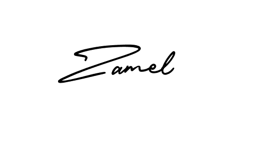 You should practise on your own different ways (AmerikaSignatureDemo-Regular) to write your name (Zamel) in signature. don't let someone else do it for you. Zamel signature style 3 images and pictures png