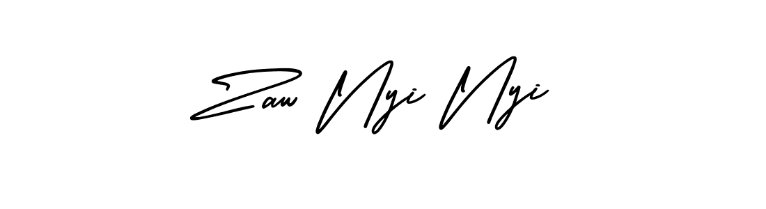 The best way (AmerikaSignatureDemo-Regular) to make a short signature is to pick only two or three words in your name. The name Zaw Nyi Nyi include a total of six letters. For converting this name. Zaw Nyi Nyi signature style 3 images and pictures png