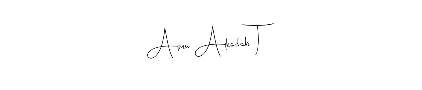 This is the best signature style for the Alma Alkadah T name. Also you like these signature font (Andilay-7BmLP). Mix name signature. Alma Alkadah T signature style 4 images and pictures png