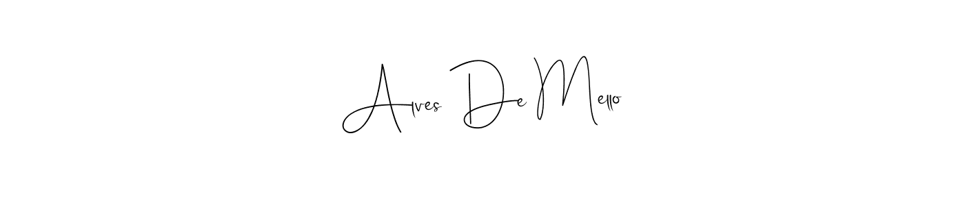 How to make Alves De Mello name signature. Use Andilay-7BmLP style for creating short signs online. This is the latest handwritten sign. Alves De Mello signature style 4 images and pictures png