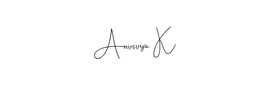 How to make Anusuya K name signature. Use Andilay-7BmLP style for creating short signs online. This is the latest handwritten sign. Anusuya K signature style 4 images and pictures png