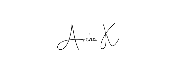 How to make Archa K name signature. Use Andilay-7BmLP style for creating short signs online. This is the latest handwritten sign. Archa K signature style 4 images and pictures png