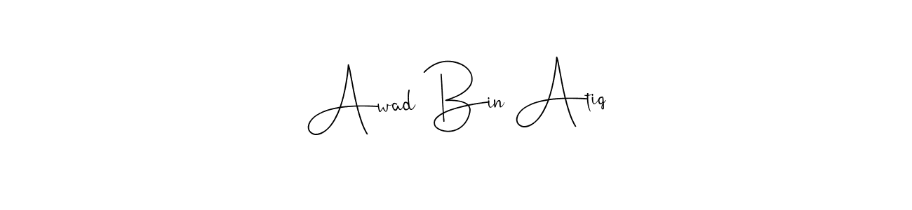 This is the best signature style for the Awad Bin Atiq name. Also you like these signature font (Andilay-7BmLP). Mix name signature. Awad Bin Atiq signature style 4 images and pictures png