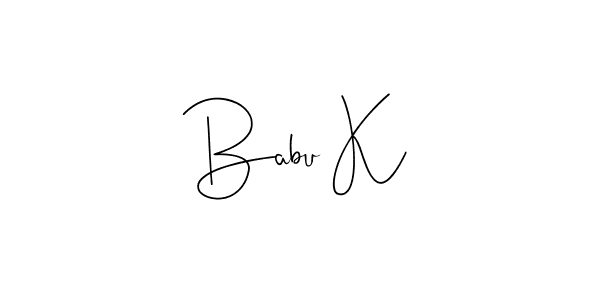 if you are searching for the best signature style for your name Babu K. so please give up your signature search. here we have designed multiple signature styles  using Andilay-7BmLP. Babu K signature style 4 images and pictures png