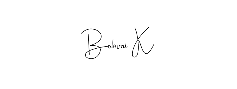 if you are searching for the best signature style for your name Babuni K. so please give up your signature search. here we have designed multiple signature styles  using Andilay-7BmLP. Babuni K signature style 4 images and pictures png