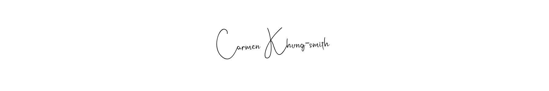 The best way (Andilay-7BmLP) to make a short signature is to pick only two or three words in your name. The name Carmen Khung-smith include a total of six letters. For converting this name. Carmen Khung-smith signature style 4 images and pictures png