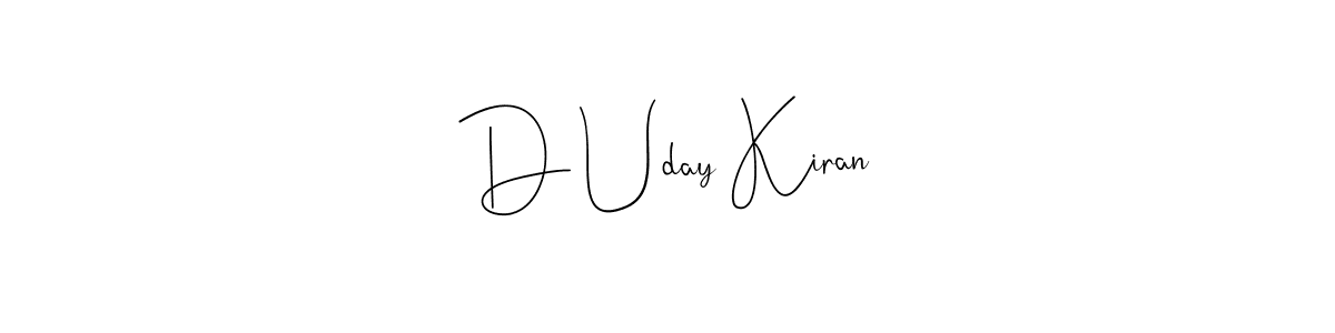 You can use this online signature creator to create a handwritten signature for the name D Uday Kiran. This is the best online autograph maker. D Uday Kiran signature style 4 images and pictures png