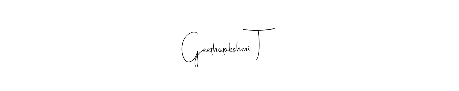 How to make Geethalakshmi T name signature. Use Andilay-7BmLP style for creating short signs online. This is the latest handwritten sign. Geethalakshmi T signature style 4 images and pictures png