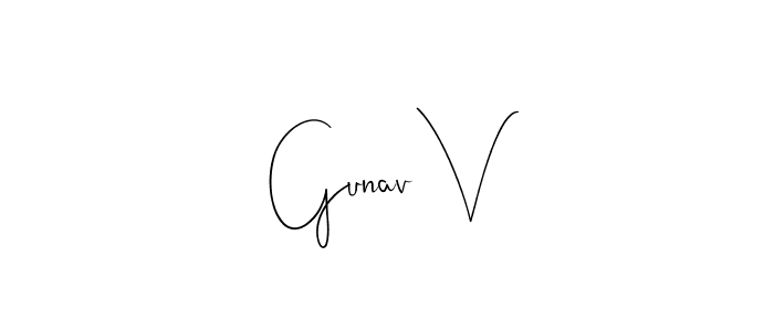 How to make Gunav V name signature. Use Andilay-7BmLP style for creating short signs online. This is the latest handwritten sign. Gunav V signature style 4 images and pictures png