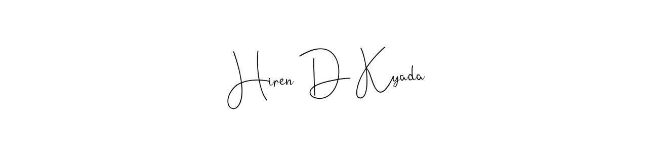 You can use this online signature creator to create a handwritten signature for the name Hiren D Kyada. This is the best online autograph maker. Hiren D Kyada signature style 4 images and pictures png