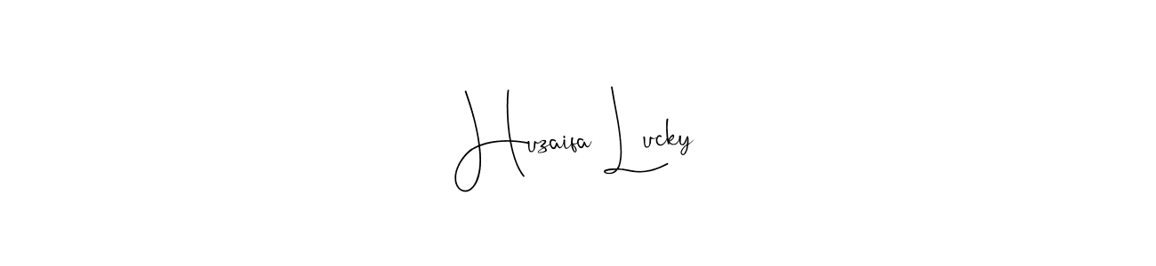if you are searching for the best signature style for your name Huzaifa Lucky. so please give up your signature search. here we have designed multiple signature styles  using Andilay-7BmLP. Huzaifa Lucky signature style 4 images and pictures png