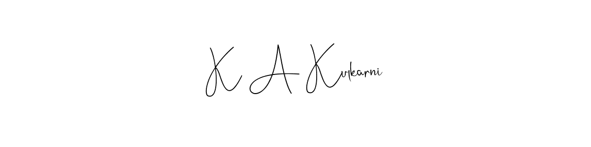 The best way (Andilay-7BmLP) to make a short signature is to pick only two or three words in your name. The name K A Kulkarni include a total of six letters. For converting this name. K A Kulkarni signature style 4 images and pictures png